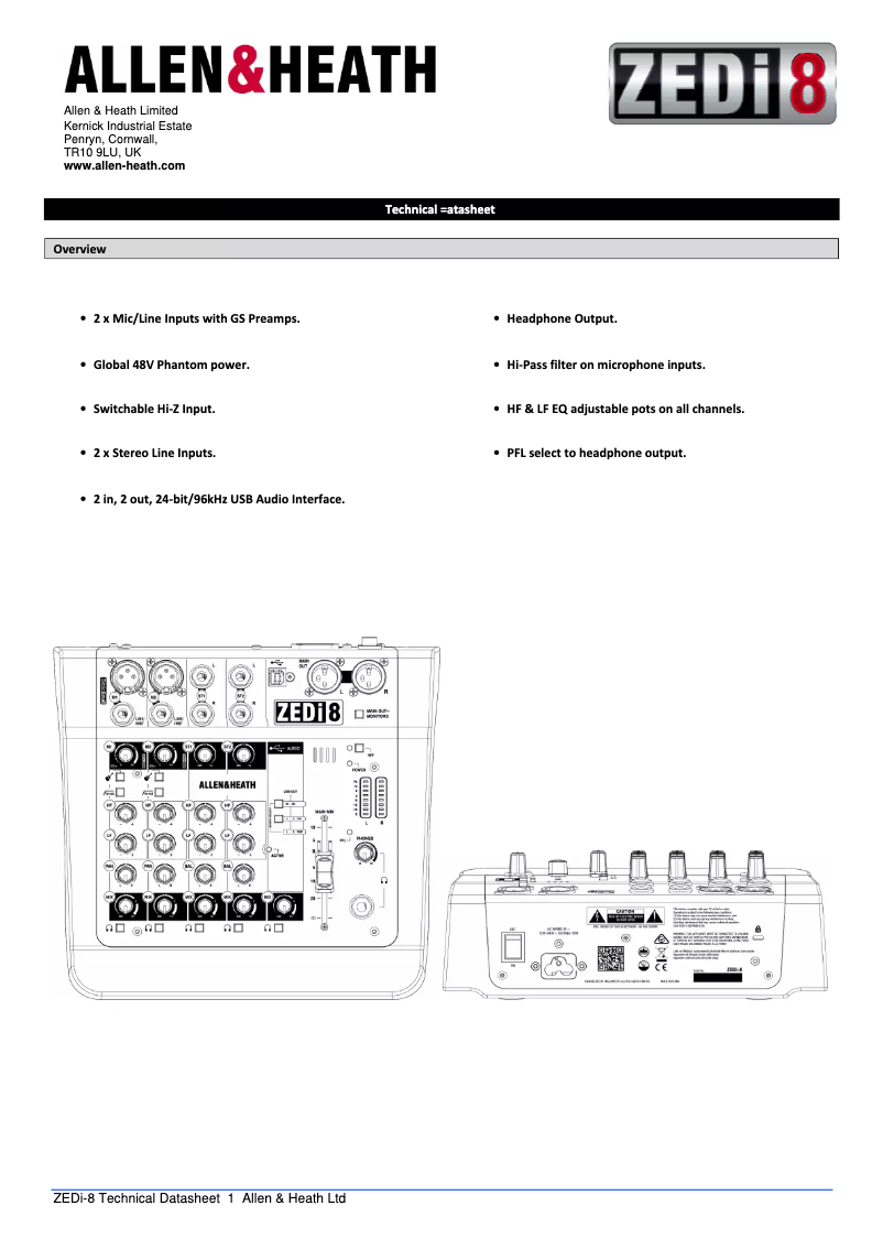 Page n°1 - Fiche technique Allen & Heath ZEDi-8