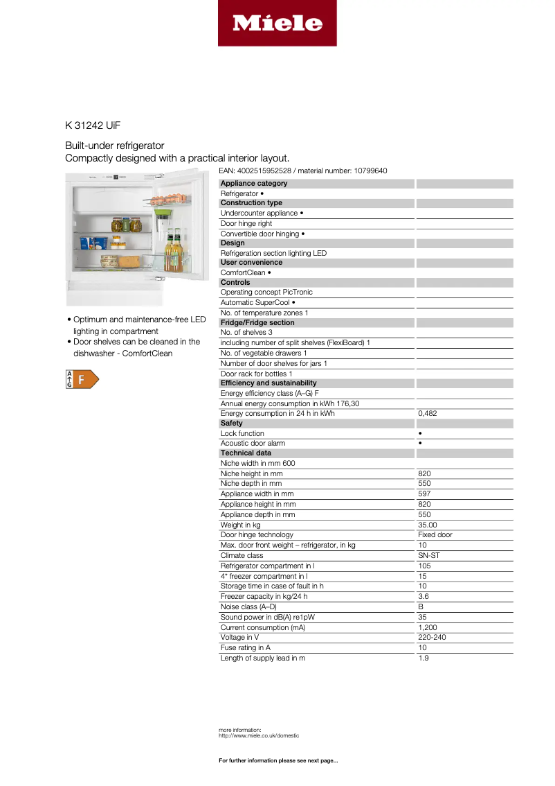 Page 1 de la notice Fiche technique Miele K 31242 UIF