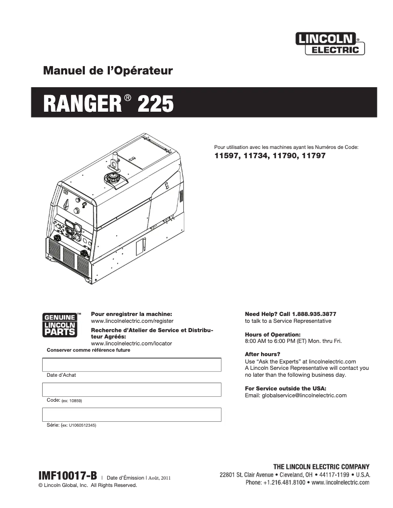Page 1 de la notice Manuel utilisateur Lincoln Electric Ranger 225