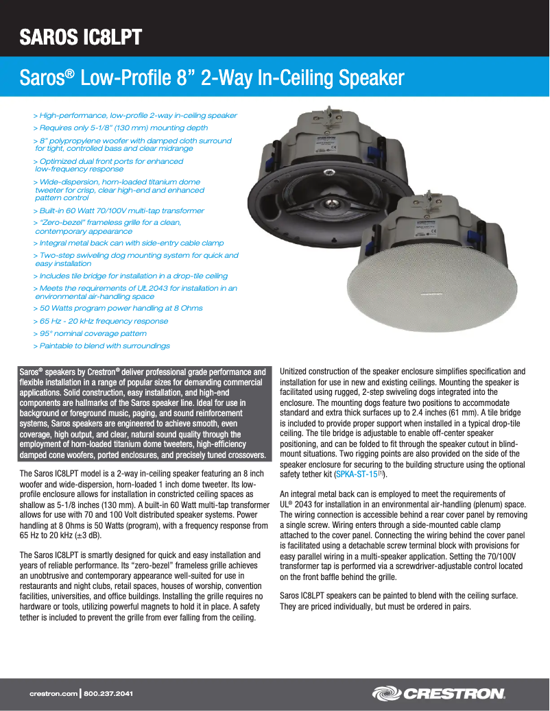 Page 1 de la notice Fiche technique Crestron SAROS IC8LPT-W-T-EACH