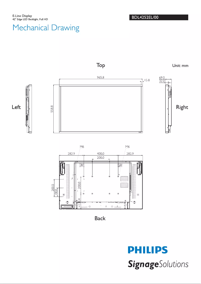 Page 1 de la notice Dessin technique Philips Signage Solutions BDL4252EL