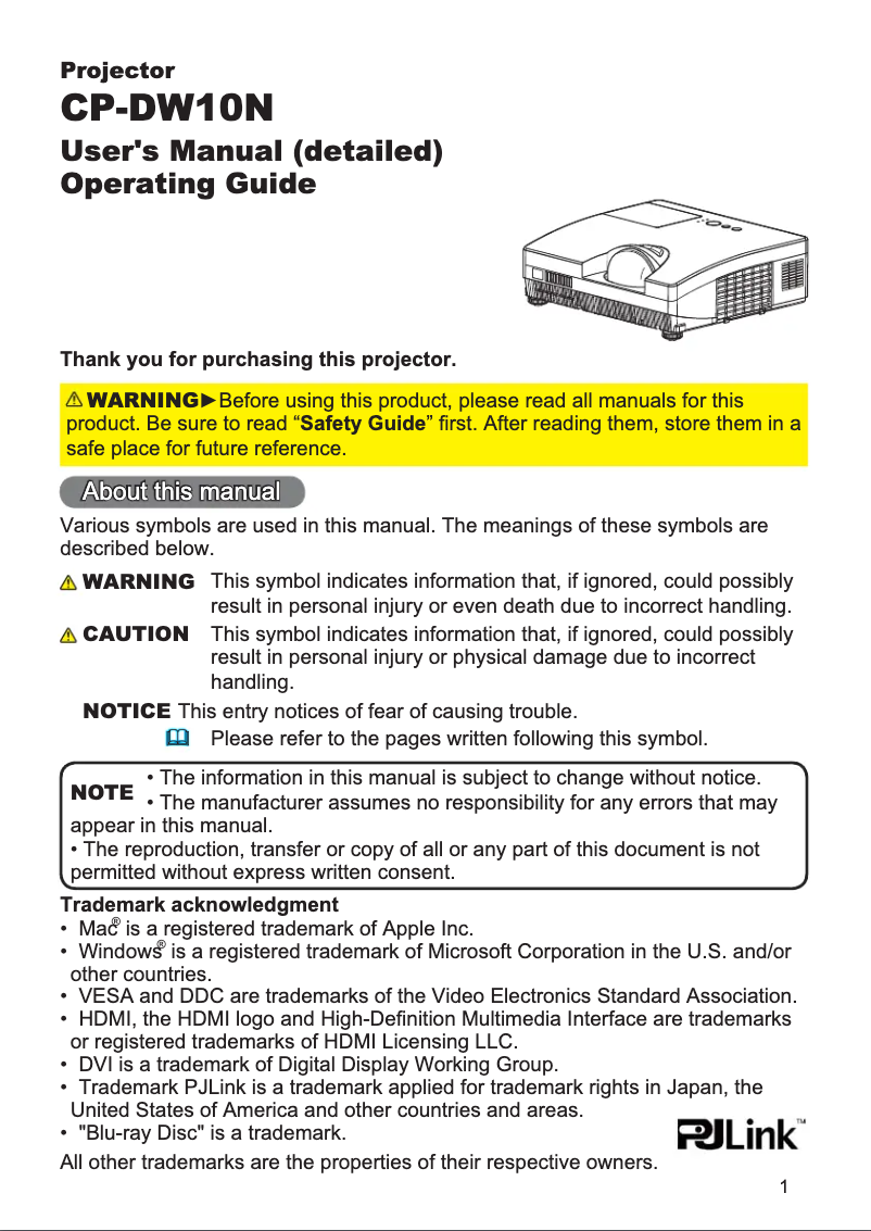 Page n°1 - Manuel utilisateur Hitachi CP-DW10N