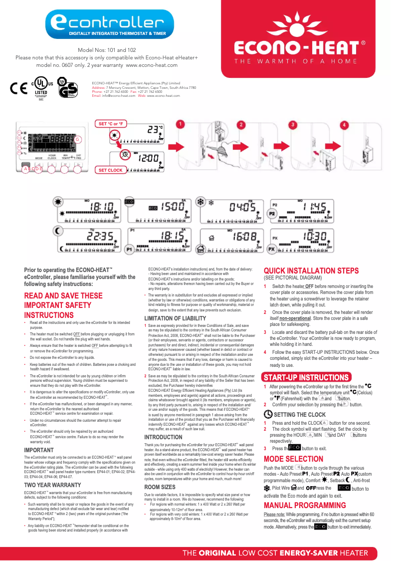 Page 1 de la notice Manuel utilisateur Econo-Heat EController 102
