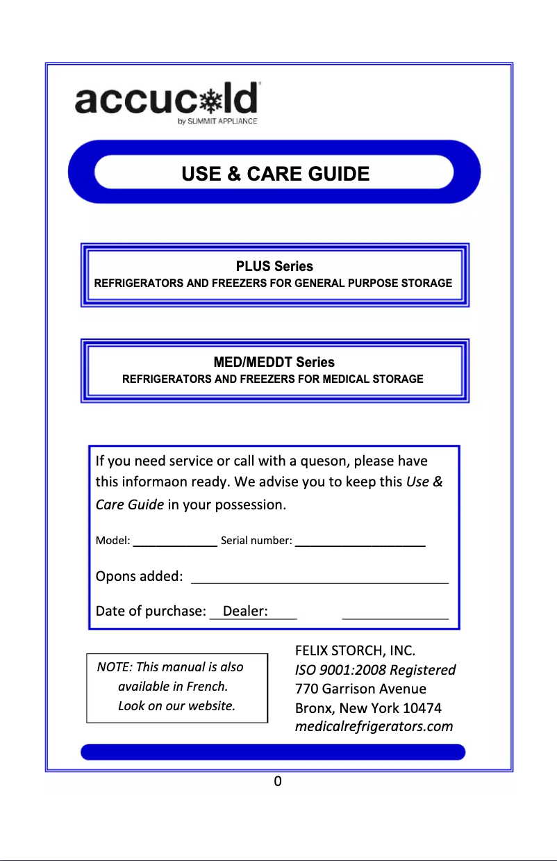 Page n°1 - Guide d'installation Summit Accucold FS407LMED