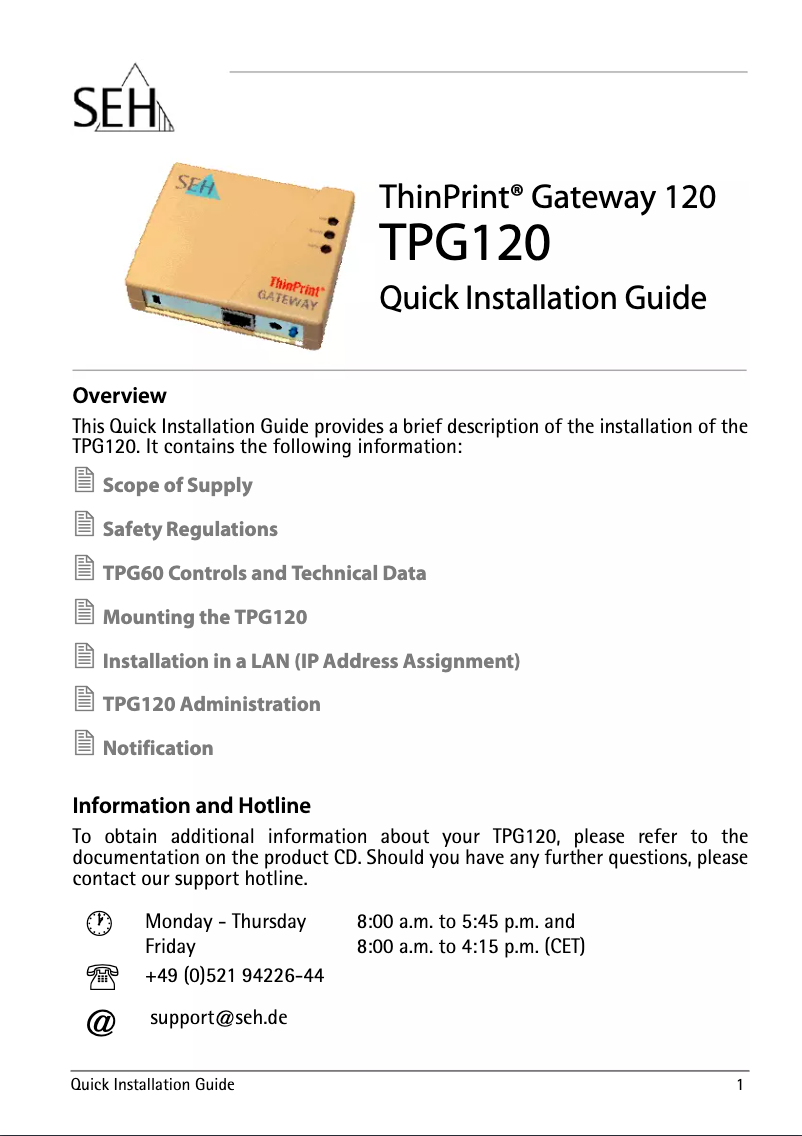 Page n°1 - Manuel utilisateur SEH ThinPrint Gateway TPG120