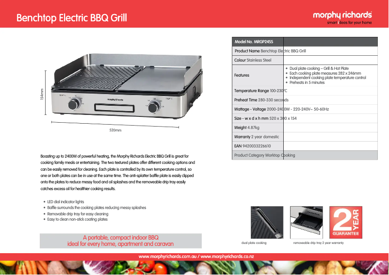 Page 1 de la notice Fiche technique Morphy Richards MRGP24SS