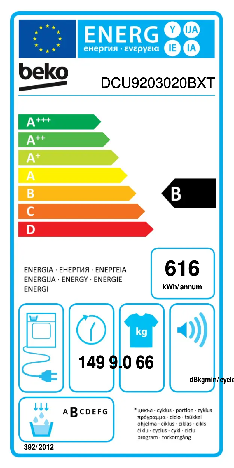 Page 1 de la notice Label énergétique Beko DCU9203020BXT