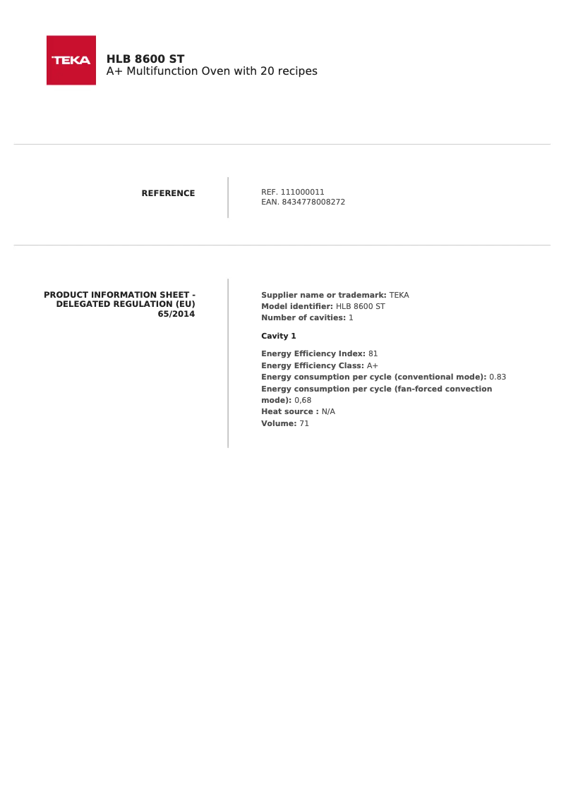 Page n°1 - Fiche technique Teka HLB 8600 ST