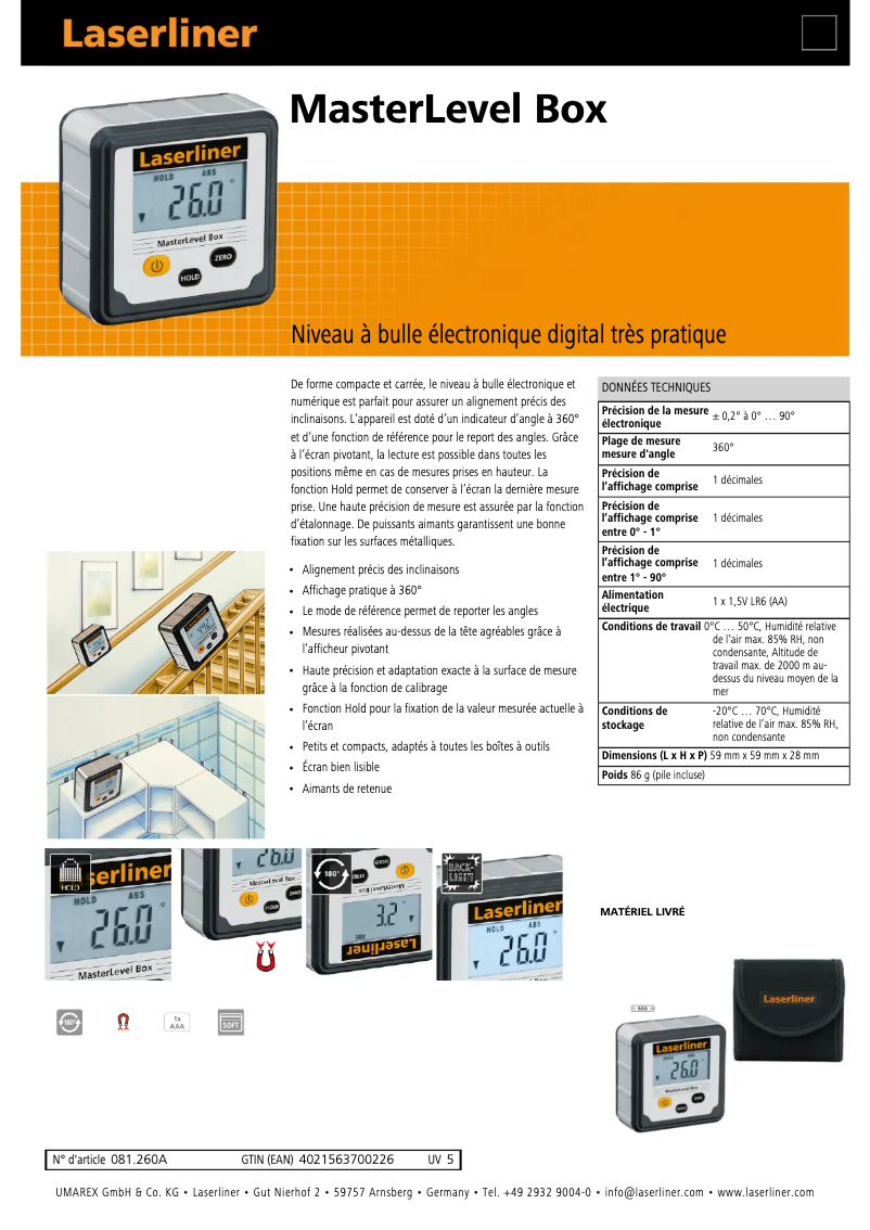 Page 1 de la notice Fiche technique Laserliner MasterLevel Box