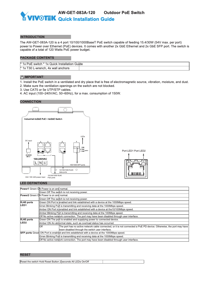 Page n°1 - Guide d'installation Vivotek AW-GET-083A-120