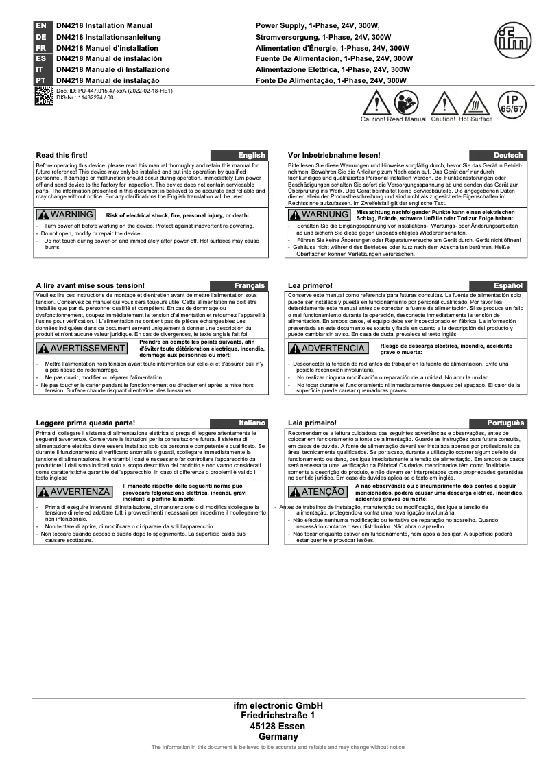 Page n°1 - Manuel utilisateur IFM DN4218