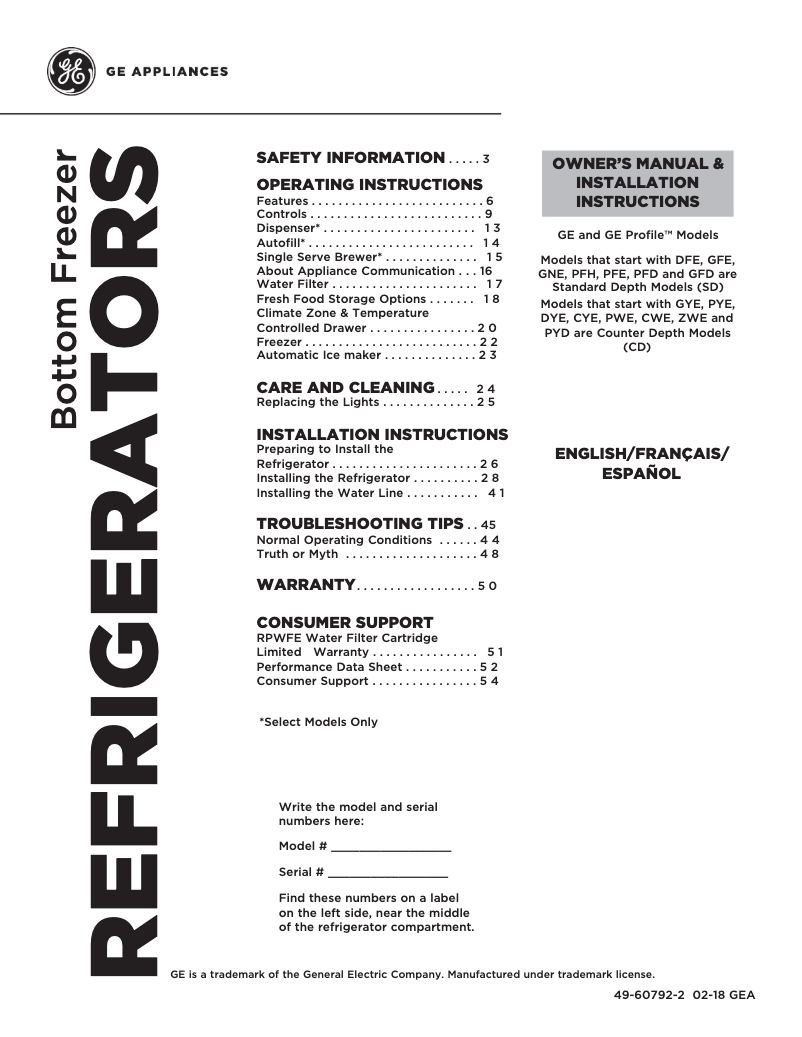 Page 1 de la notice Manuel utilisateur GE Profile PWE23KELDS