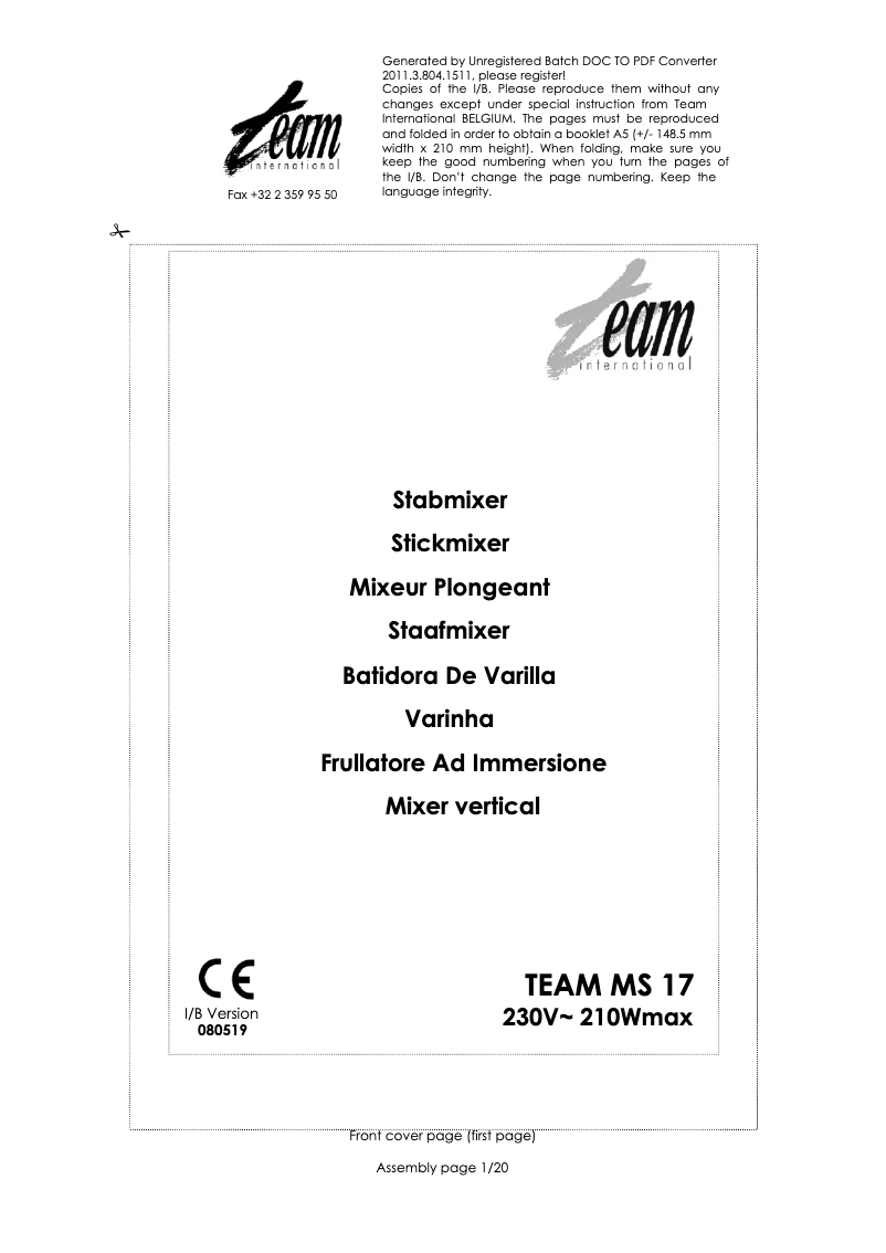 Page 1 de la notice Manuel utilisateur Team MS 17 O