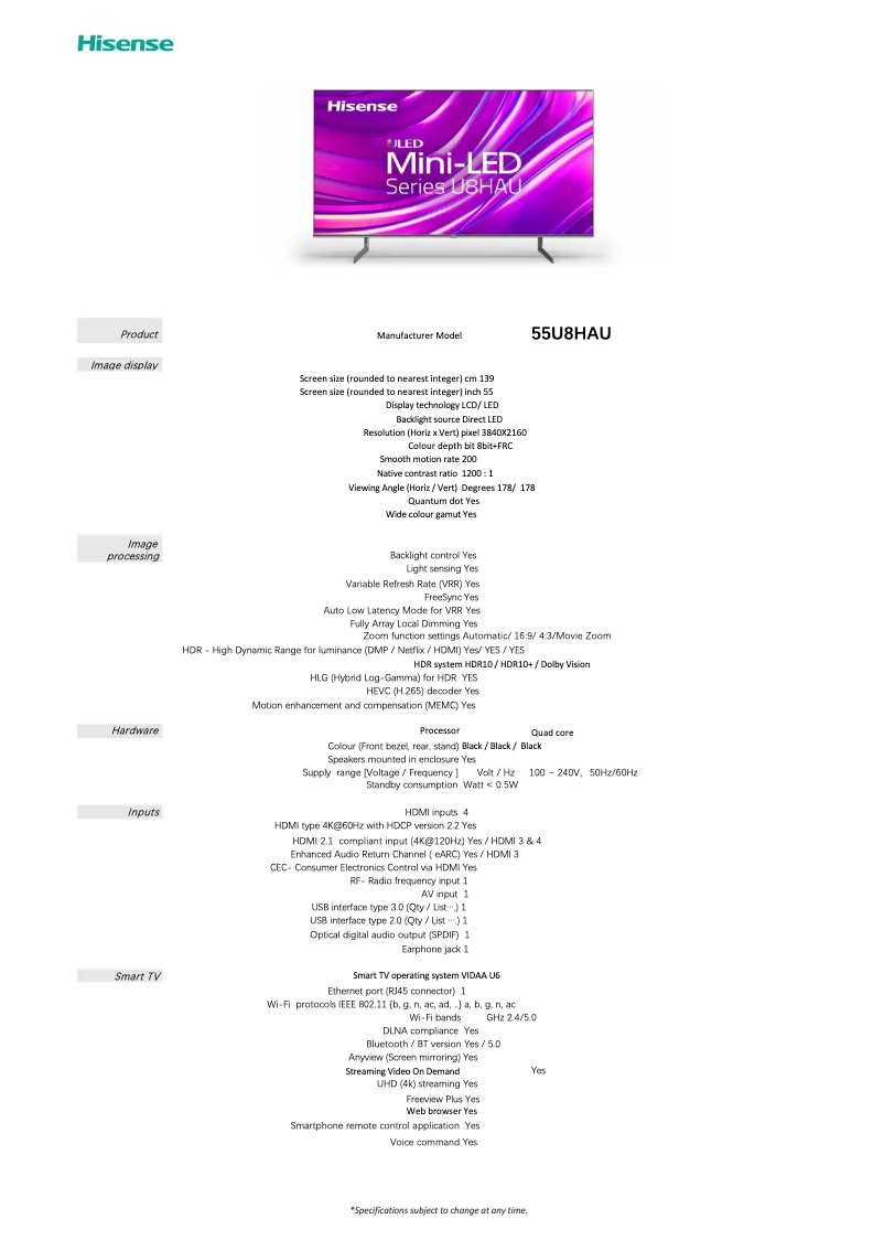 Page 1 de la notice Fiche technique Hisense 55U8HAU