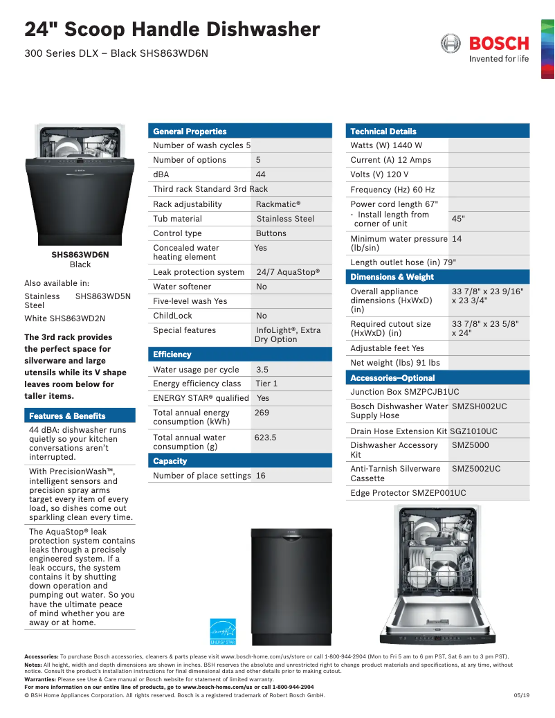 Page 1 de la notice Fiche technique Bosch SHS863WD6N