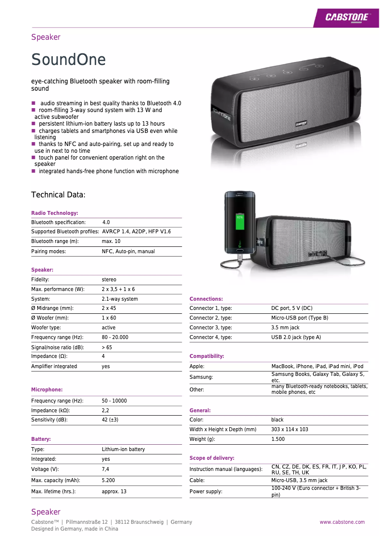 Page n°1 - Fiche technique Cabstone SoundOne