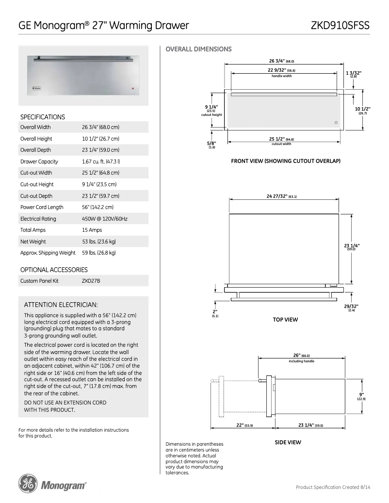 Page n°1 - Fiche technique GE ZKD910SFSS