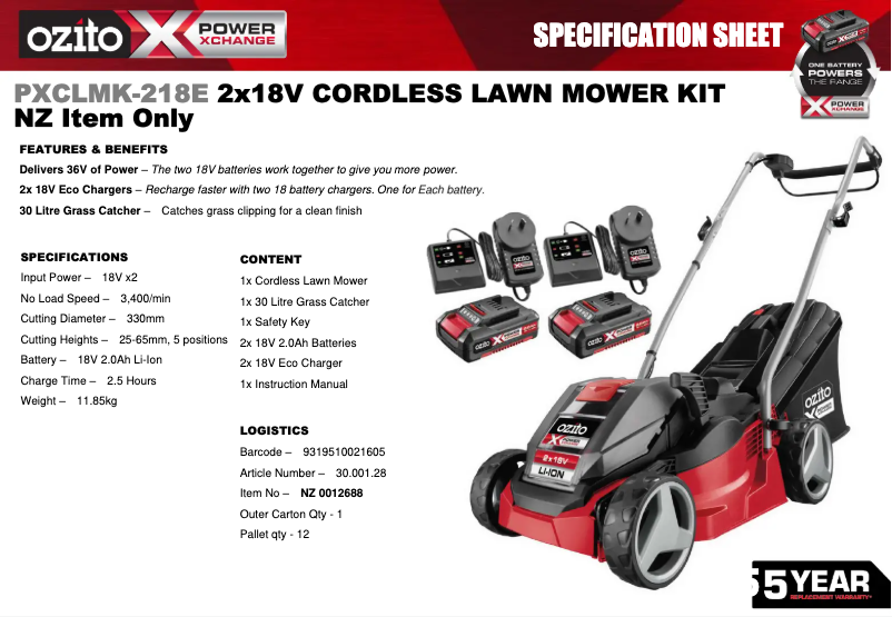 Página 1 del manual Ficha técnica Ozito PXCLMK-218E