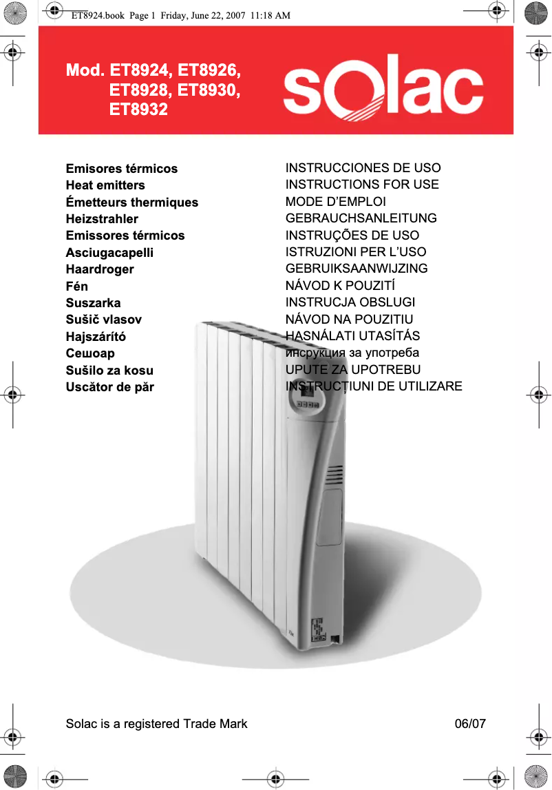 Page 1 de la notice Manuel utilisateur Solac ET8924