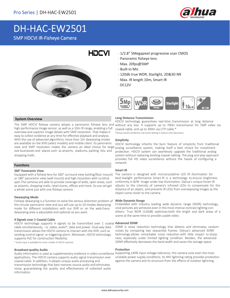 Page 1 de la notice Fiche technique Dahua Technology HAC-EW2501