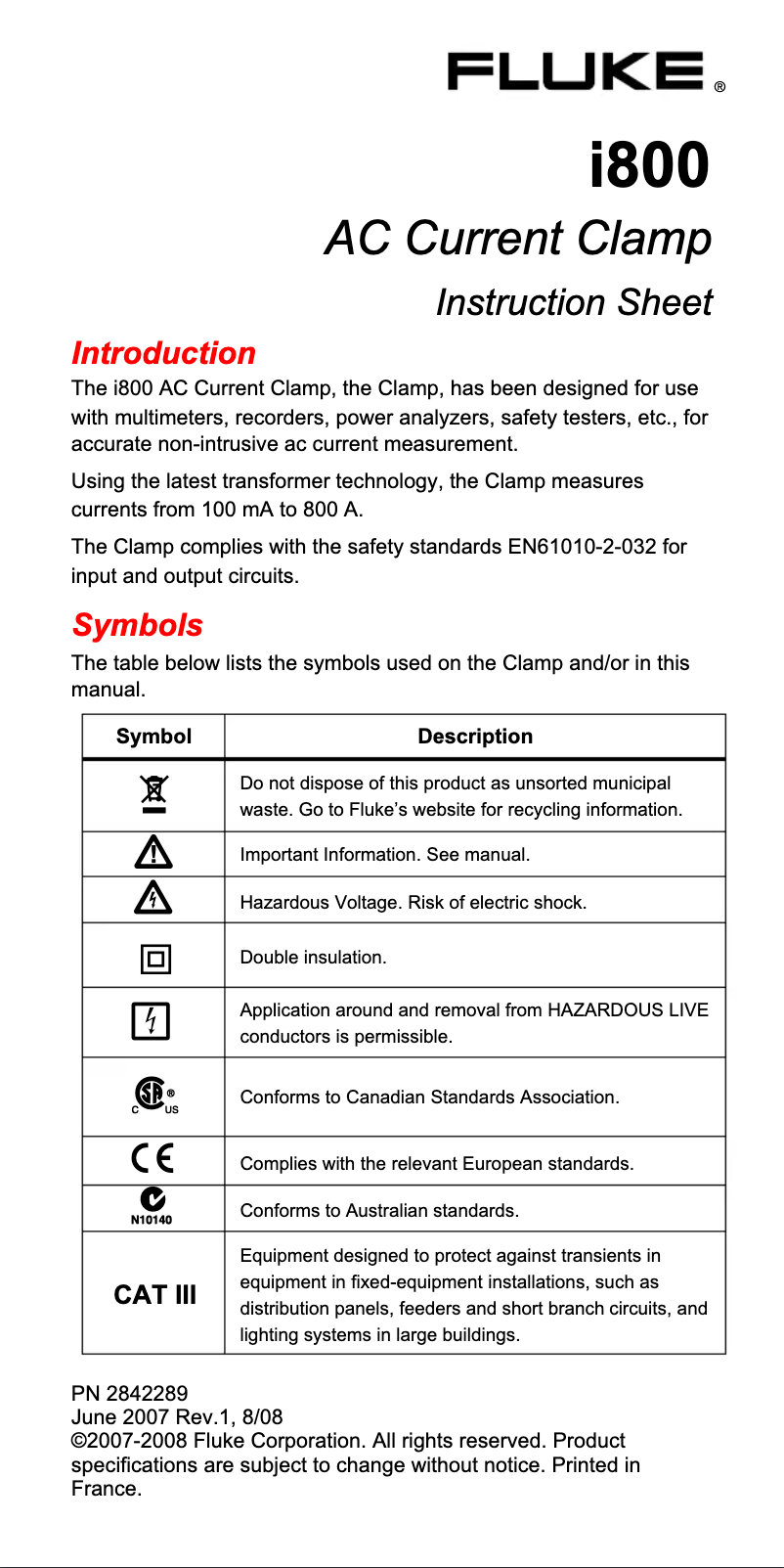 Page 1 de la notice Instructions / montage Fluke i800 AC