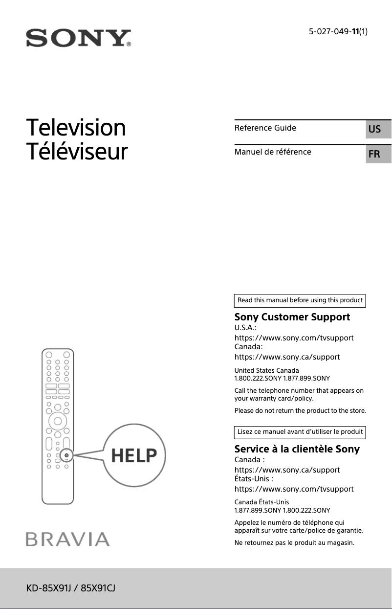 Page 1 de la notice Manuel utilisateur Sony KD-85X91J