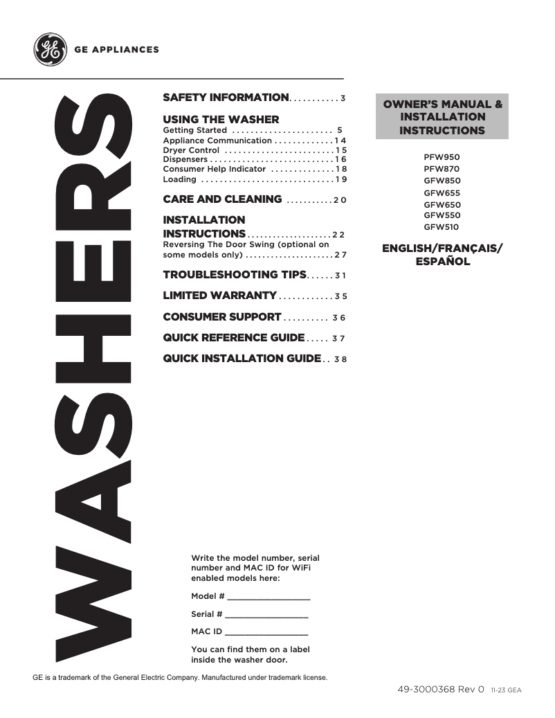 Page 1 of the manual Installation Guide GE PFW870SSVWW
