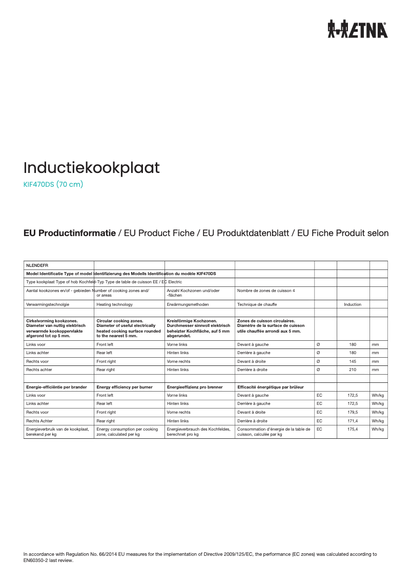 Page 1 de la notice Fiche technique Etna KIF470DS