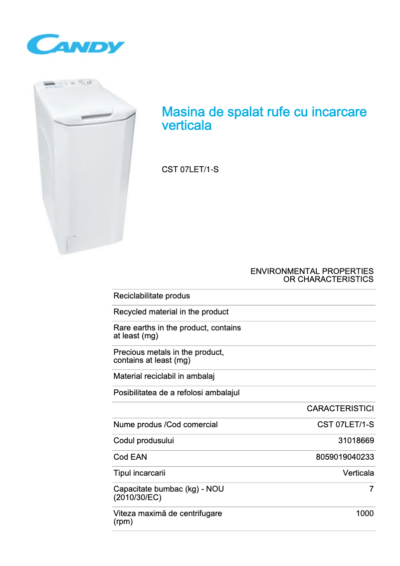 Page 1 de la notice Fiche technique Candy CST 07LET/1-S
