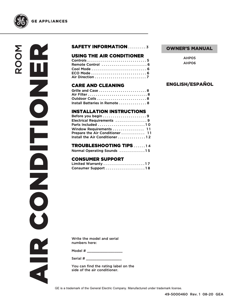 Page 1 de la notice Manuel d'utilisation et d'entretien GE AHP06LZ