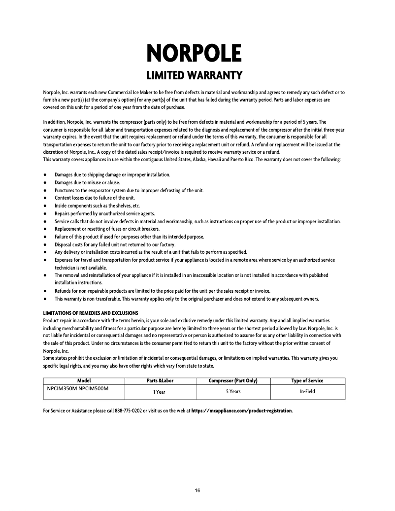 Page n°1 - Informations de garantie Norpole NPCIM500M