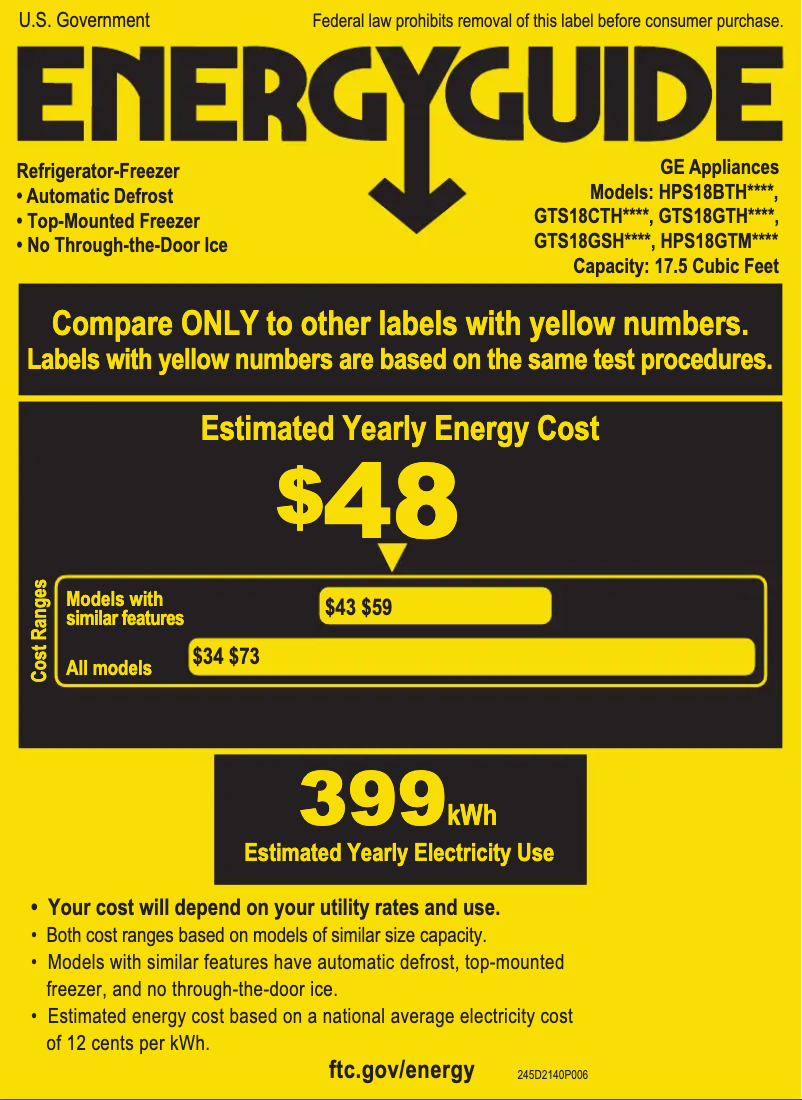 Page 1 de la notice Label énergétique GE GTS18GTHWW