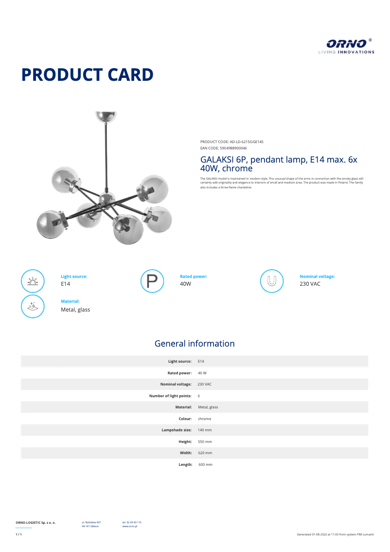 Page 1 de la notice Fiche technique Adviti AD-LD-6215GGE14S