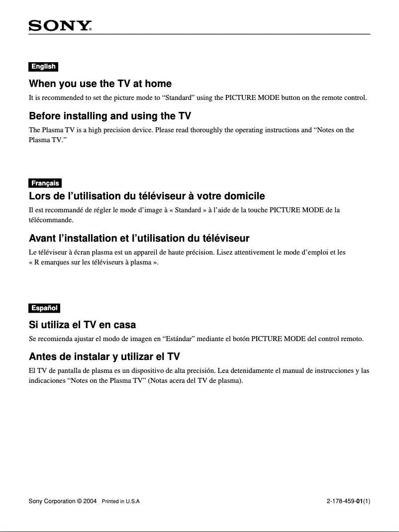 Página 1 del manual Guía de instalación Sony KE-42M1