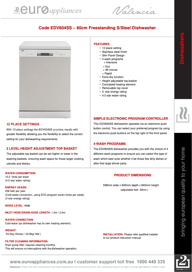 Página 1 del manual Ficha técnica Euro Appliances EDV604SS