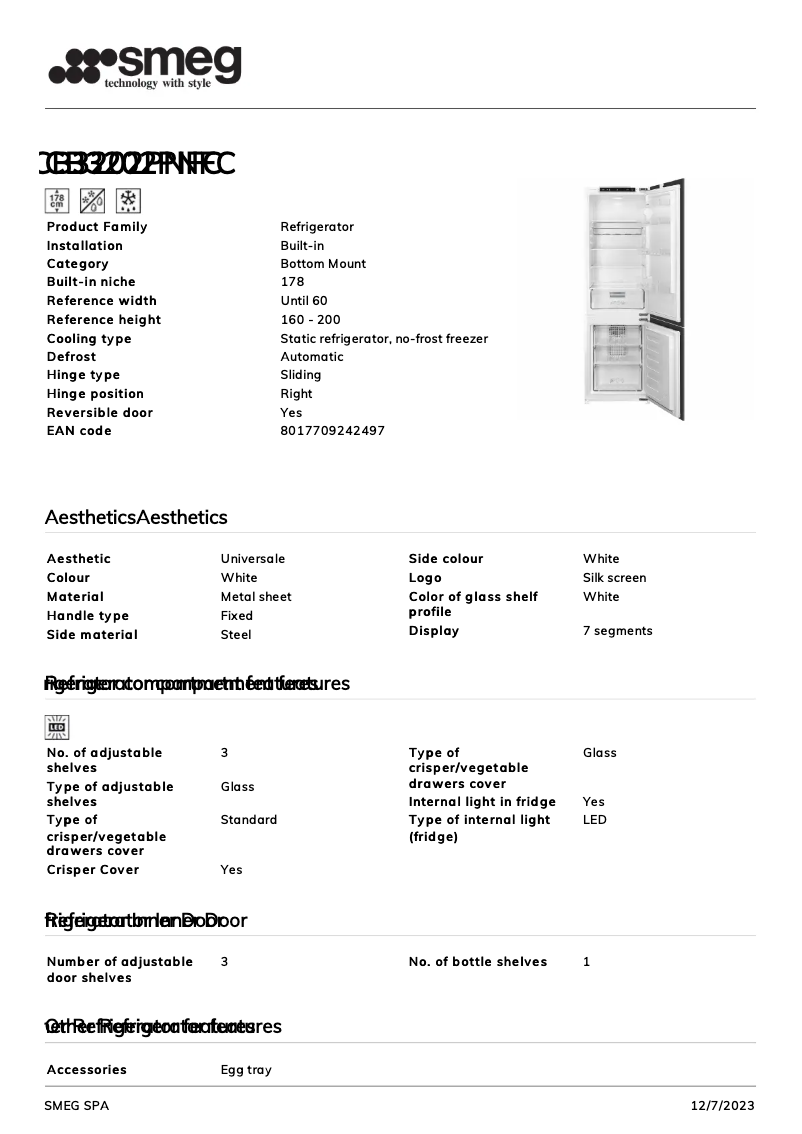 Page 1 de la notice Fiche technique Smeg CB3202PNFC
