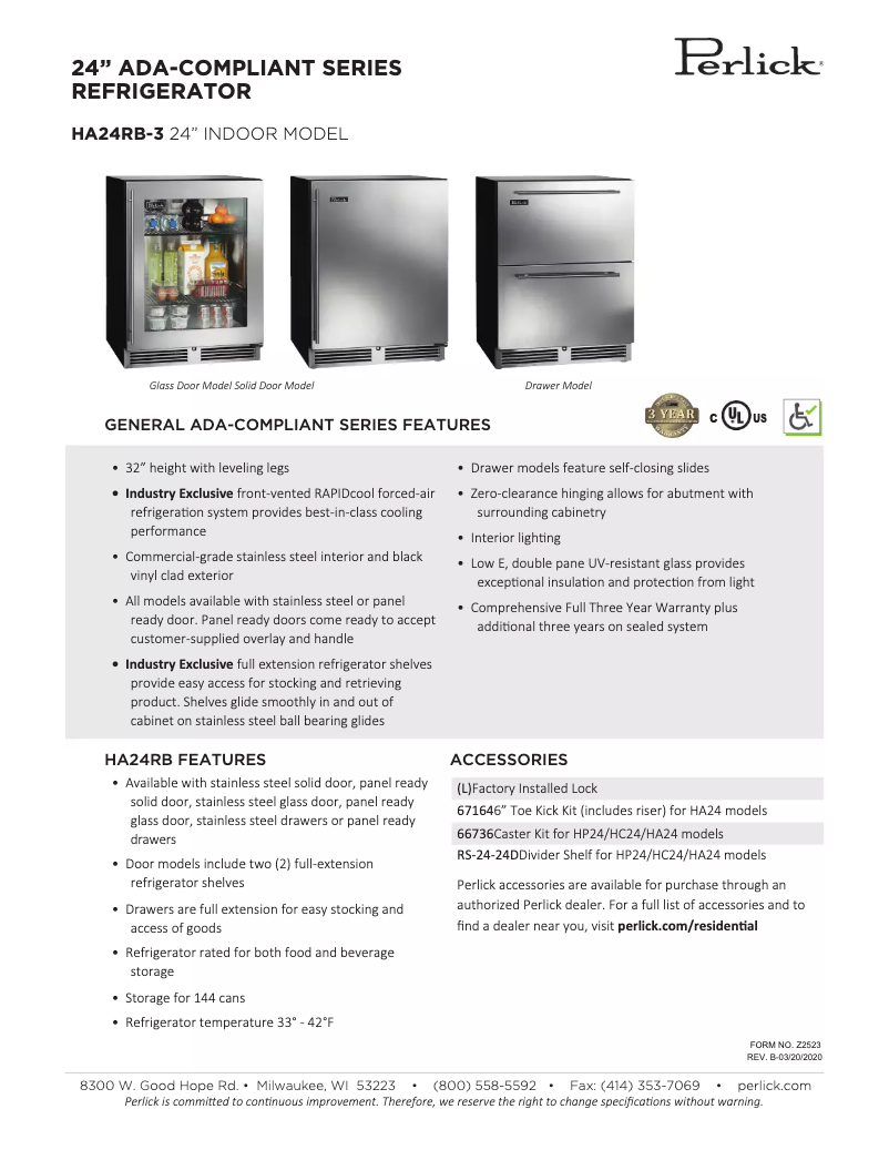 Page n°1 - Fiche technique Perlick ADA Compliant HA24RB-3-5