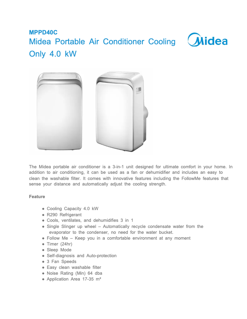 Page 1 de la notice Fiche technique Midea MPPD40C