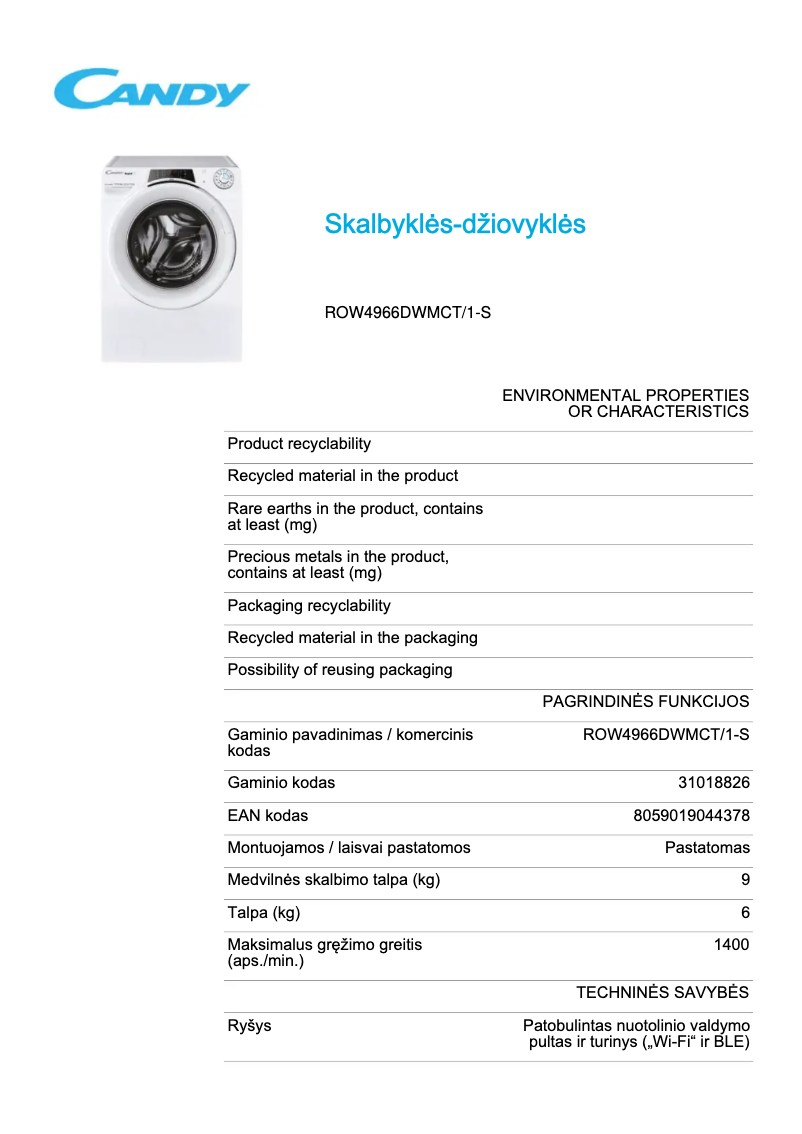 Page 1 de la notice Fiche technique Candy ROW4966DWMCT/1-S