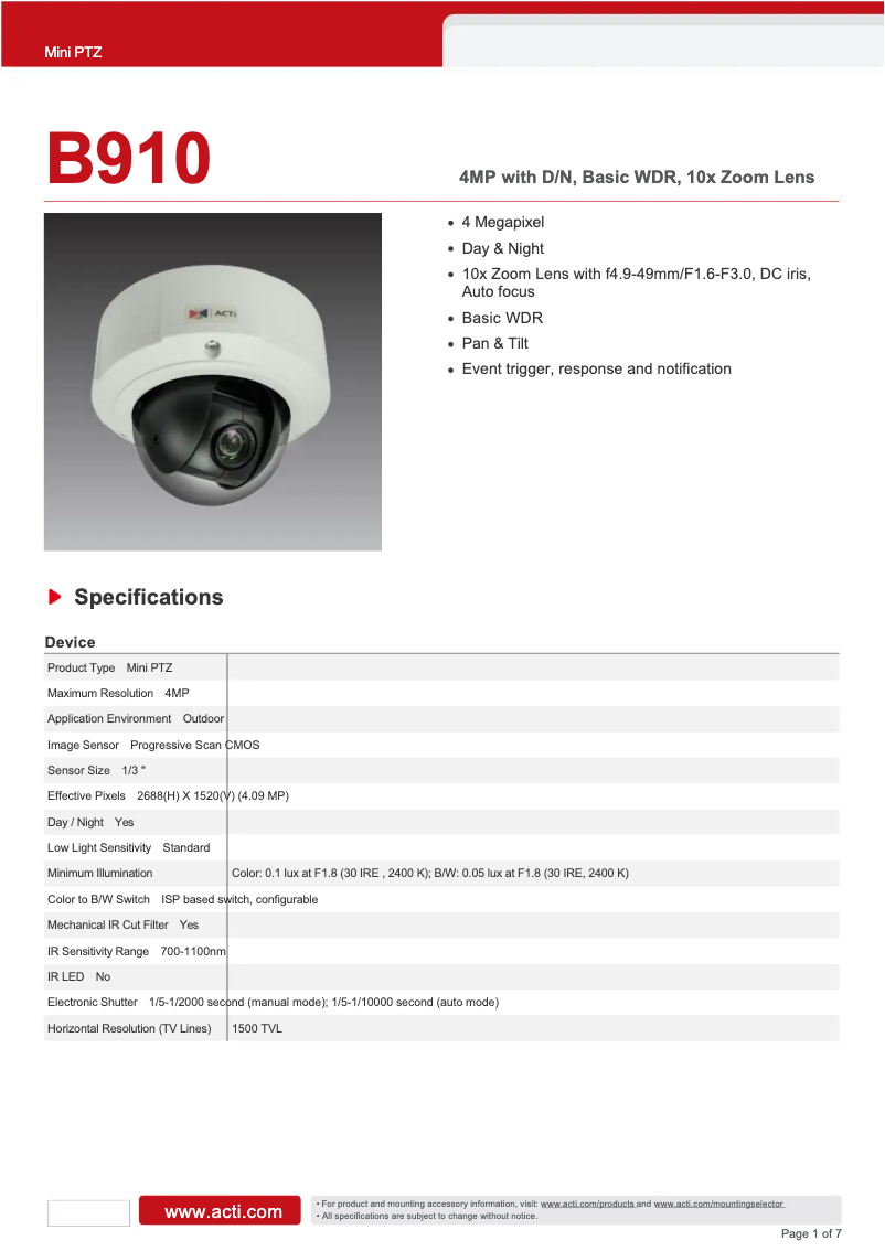 Page n°1 - Fiche technique ACTi B910