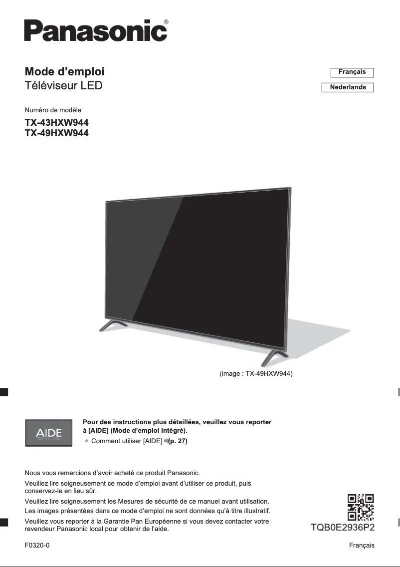 Image de la première page du manuel de l'appareil TX-43HXW944