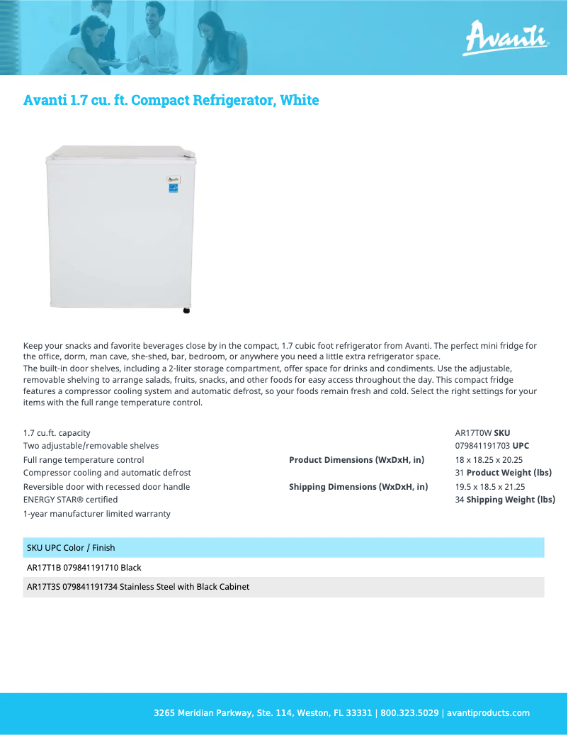 Page 1 de la notice Fiche technique Avanti AR17T3S