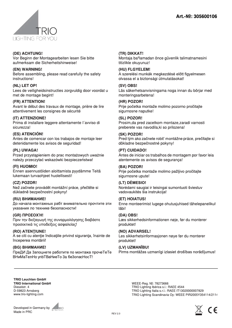 Page 1 de la notice Manuel utilisateur Trio Lighting Kolani 305600106