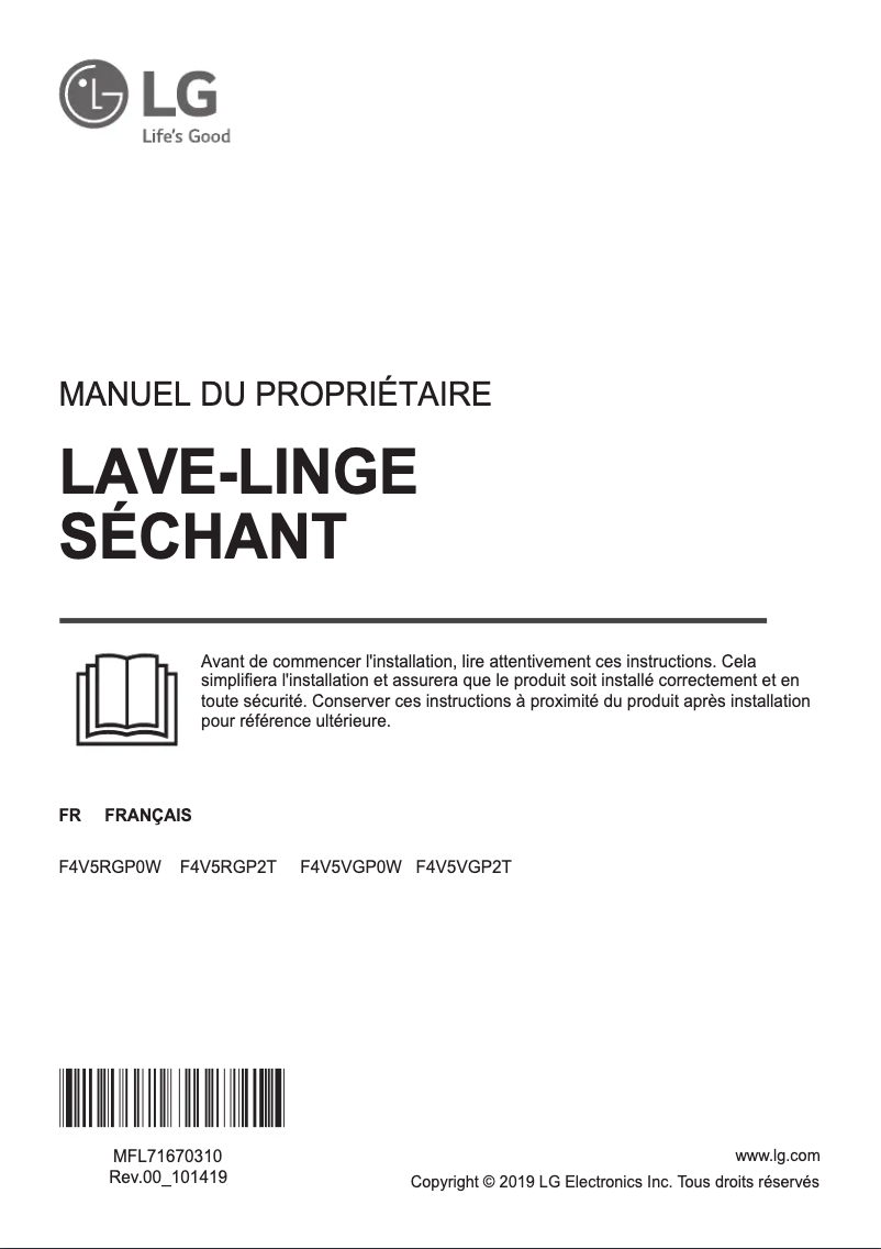 Page 1 de la notice Manuel utilisateur LG F4V5VGP0W