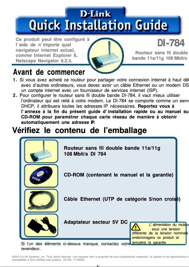 Page 1 de la notice Guide de démarrage rapide D-Link Air Premier AG DI-784