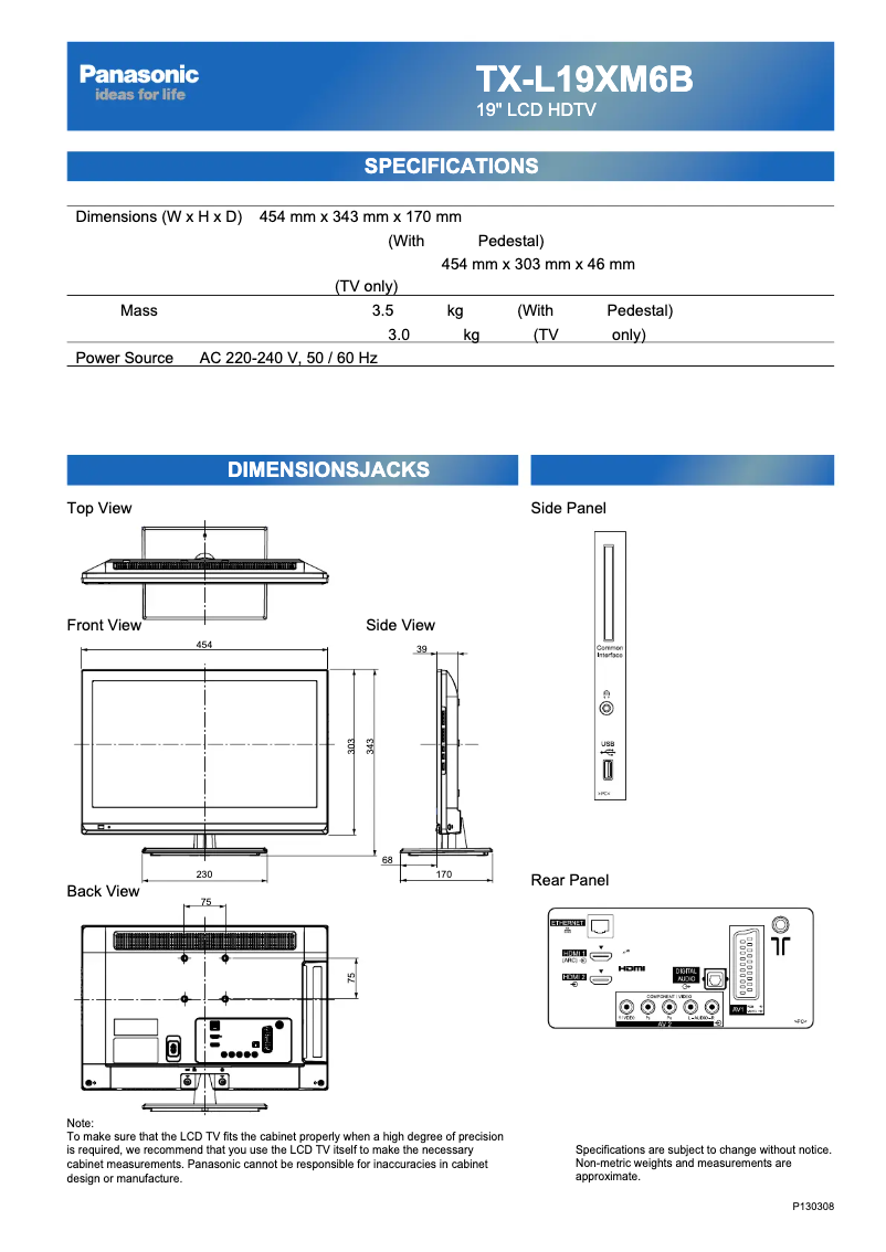 Page 1 de la notice Manuel utilisateur Panasonic Viera TX-L19XM6B