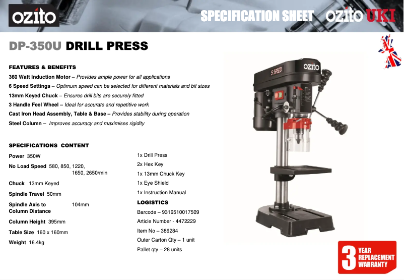 Page 1 de la notice Fiche technique Ozito DP-350U
