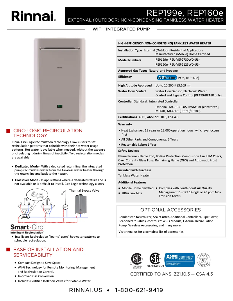 Page 1 de la notice Fiche technique Rinnai REP199eN