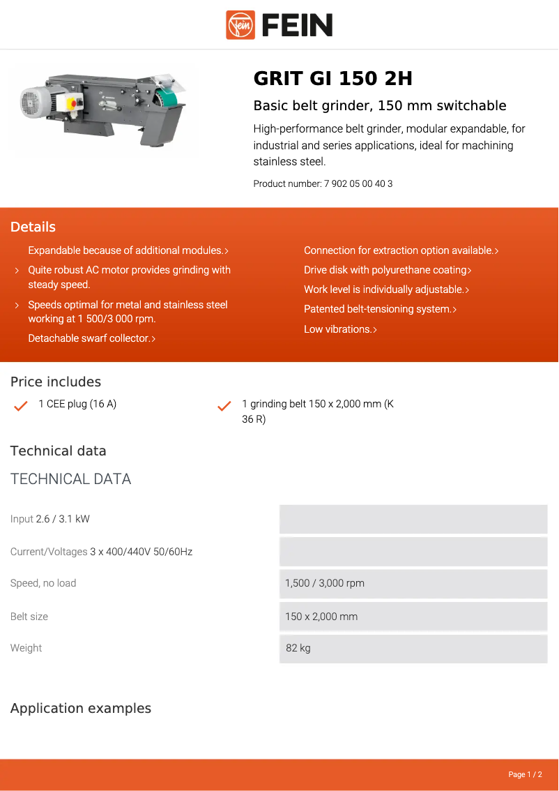 Página 1 del manual Ficha técnica Fein GRIT GI 150 2H
