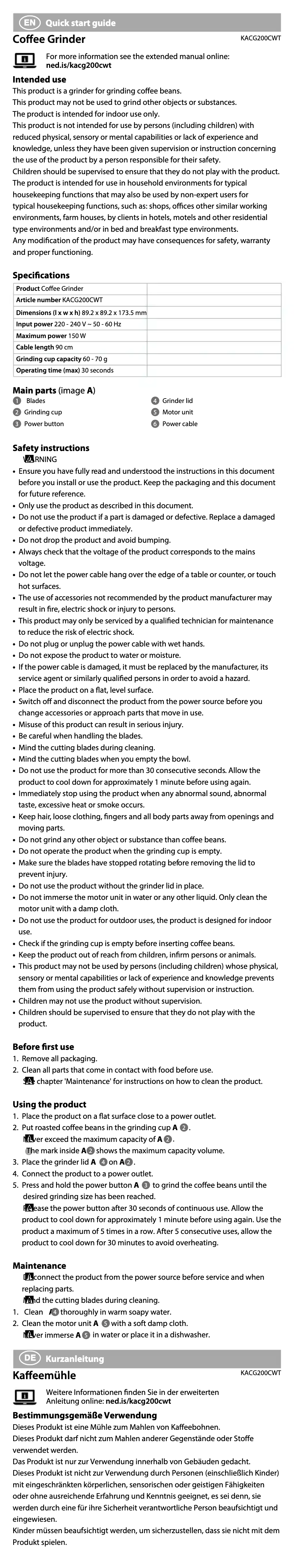 Page 1 de la notice Manuel utilisateur Nedis KACG200CWT